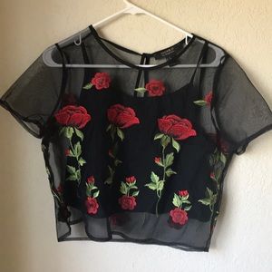 Shear black crop top with built in tank and roses